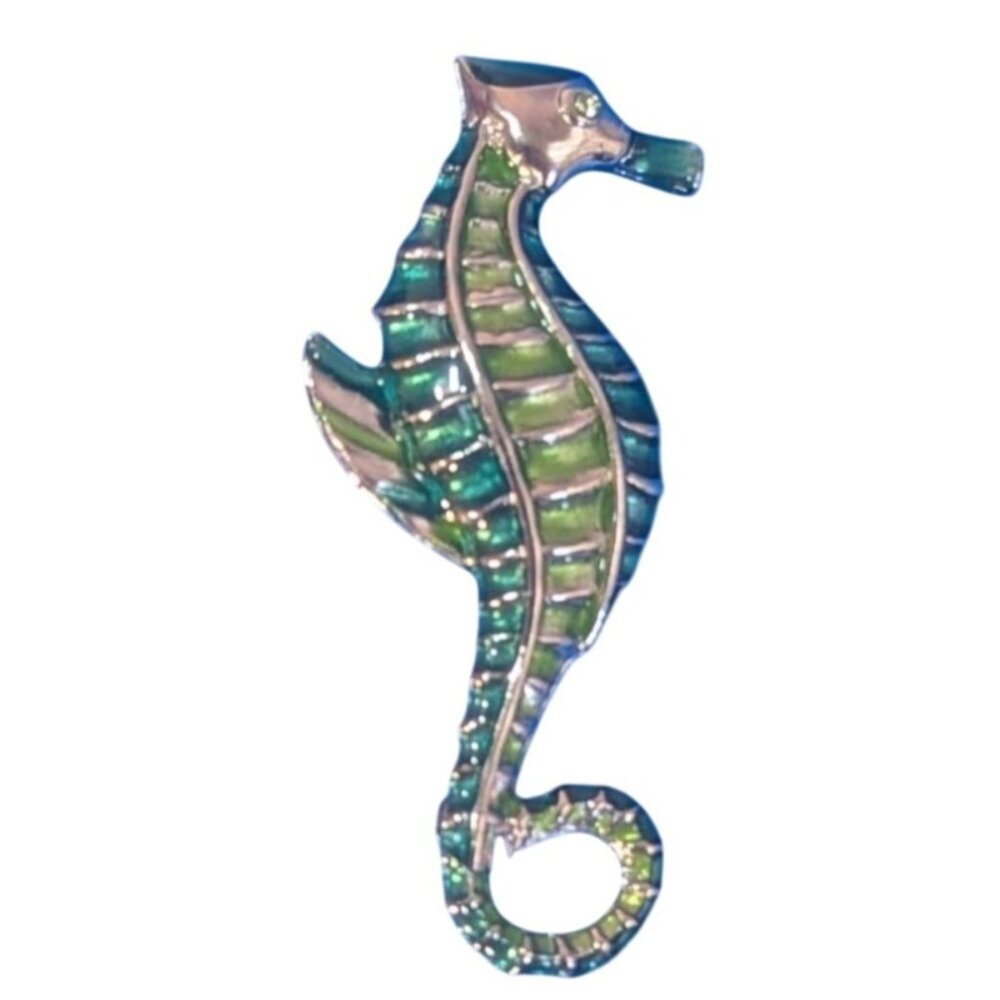 Seahorse‎ Enamel Brooch Pin With Green & Silver Tones 2.25" ocean beach seashore